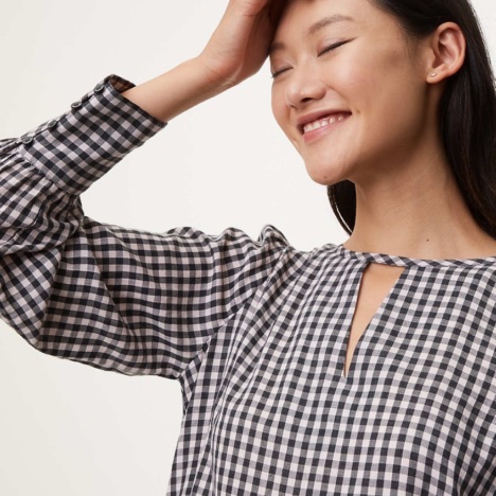 Keyhole blush and charcoal checked blouse